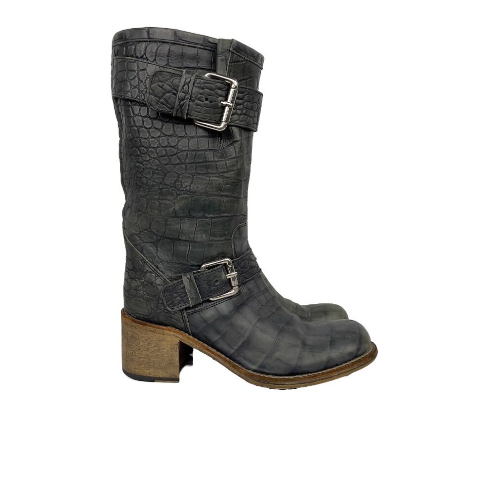 Women's Grey Croc-Embossed Leather Moto Boots